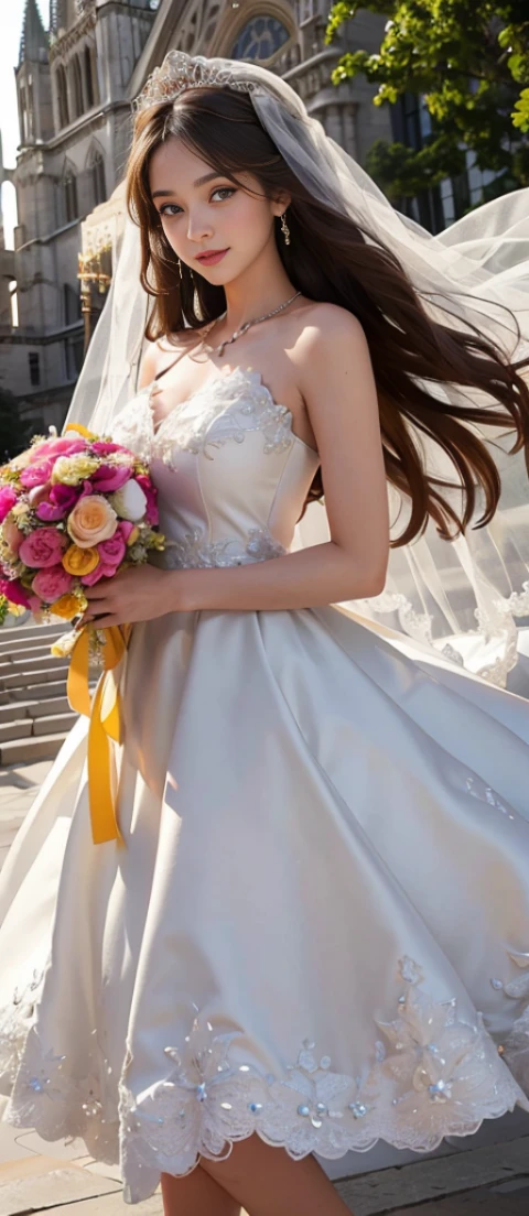 only 1 girl, huge laugh, Very pretty, beautiful eyes, make her sit, cute , sweet, sun glare, Conservative attire, Beaded bell-line wedding dress, bridal tiara, bridal veil, bouquet, depth of field, blurred background, Cathedral Background, light particles, strong wind, head tilt, long hair,