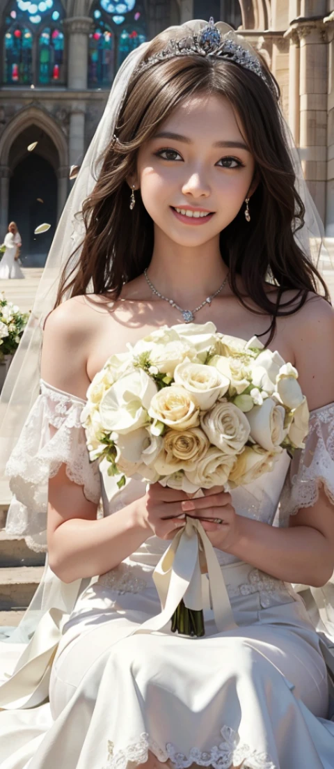 only 1 girl, huge laugh, Very pretty, beautiful eyes, make her sit, cute teen, sweet, sun glare, Conservative attire, Beaded bell-line wedding dress, bridal tiara, bridal veil, bouquet, depth of field, blurred background, Cathedral Background, light particles, strong wind, head tilt, long hair,