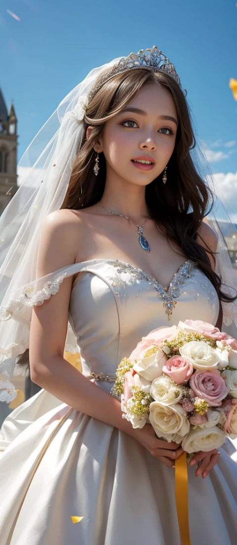 only 1 girl, huge laugh, Very pretty, beautiful eyes, make her sit, cute teen, sweet, sun glare, Conservative attire, Beaded bell-line wedding dress, bridal tiara, bridal veil, bouquet, depth of field, blurred background, Cathedral Background, light particles, strong wind, head tilt, long hair,