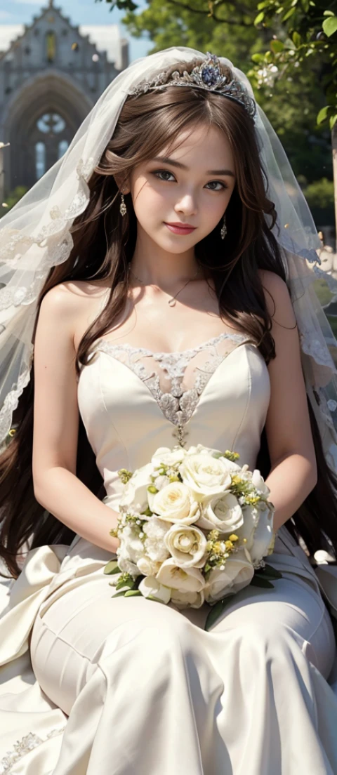 only 1 girl, huge laugh, Very pretty, beautiful eyes, make her sit, cute , sweet, sun glare, Conservative attire, Beaded bell-line wedding dress, bridal tiara, bridal veil, bouquet, depth of field, blurred background, Cathedral Background, light particles, strong wind, head tilt, long hair,