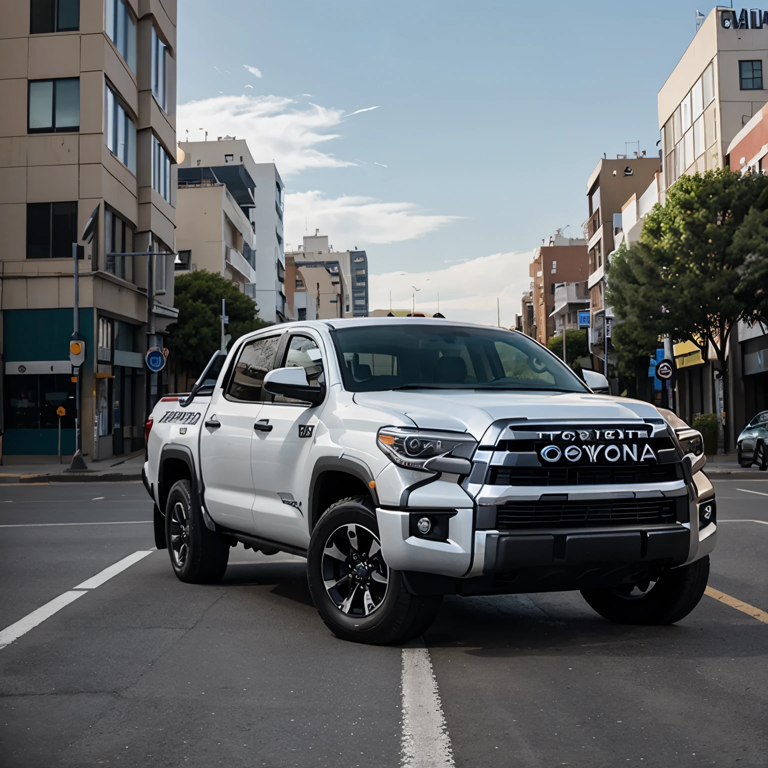 Un coche deportivo Toyota tundra futurista en la calle de una ciudad futurista.