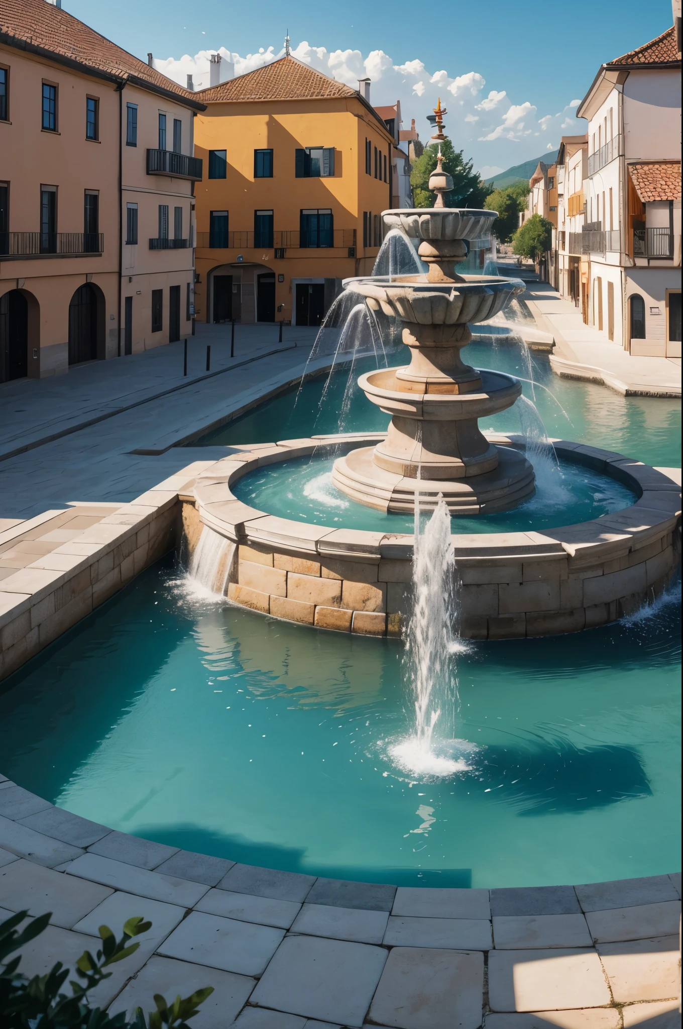 8K,white wallとOrange roofでUniteされた港町,Landscapes of medieval Europe,A large square and fountain in the center of town,masterpiece,Photorealistic RAW photos of the highest quality。bright colors,rich colors, Backlight, cinematic lighting, film grain, to be born, 50MM lens, Nikon D850,fantasy art,ultra high resolution,white wall,Homer,beautiful sea,beautiful expression,landscape photography,Orange roof(Unite),A gorgeous fountain in a large square,