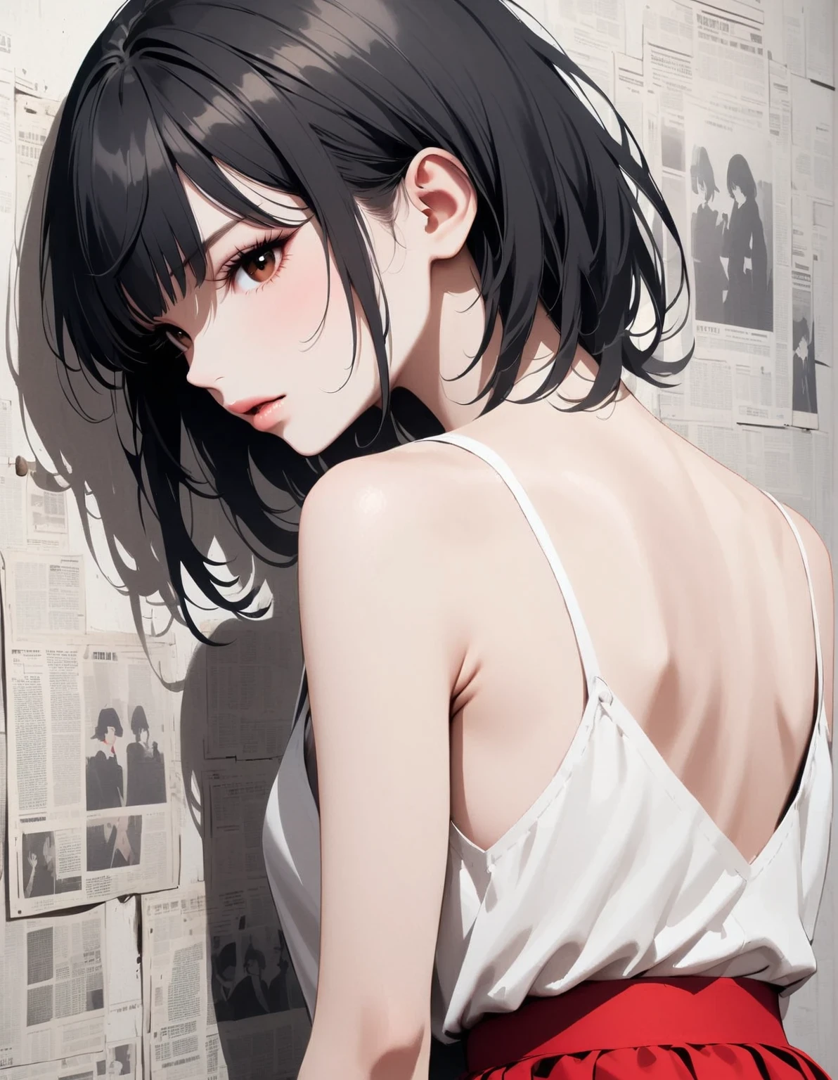 in style of Jack Vettriano, character, ink art, side view ,(better quality, outline:1.2),realist,illustration,(Close-up of long-haired girl's face), delicate lips, red skirt, (Newspaper wall background:1.3),Retro Style, (black bob hair:1.75 ), ,dark shadow