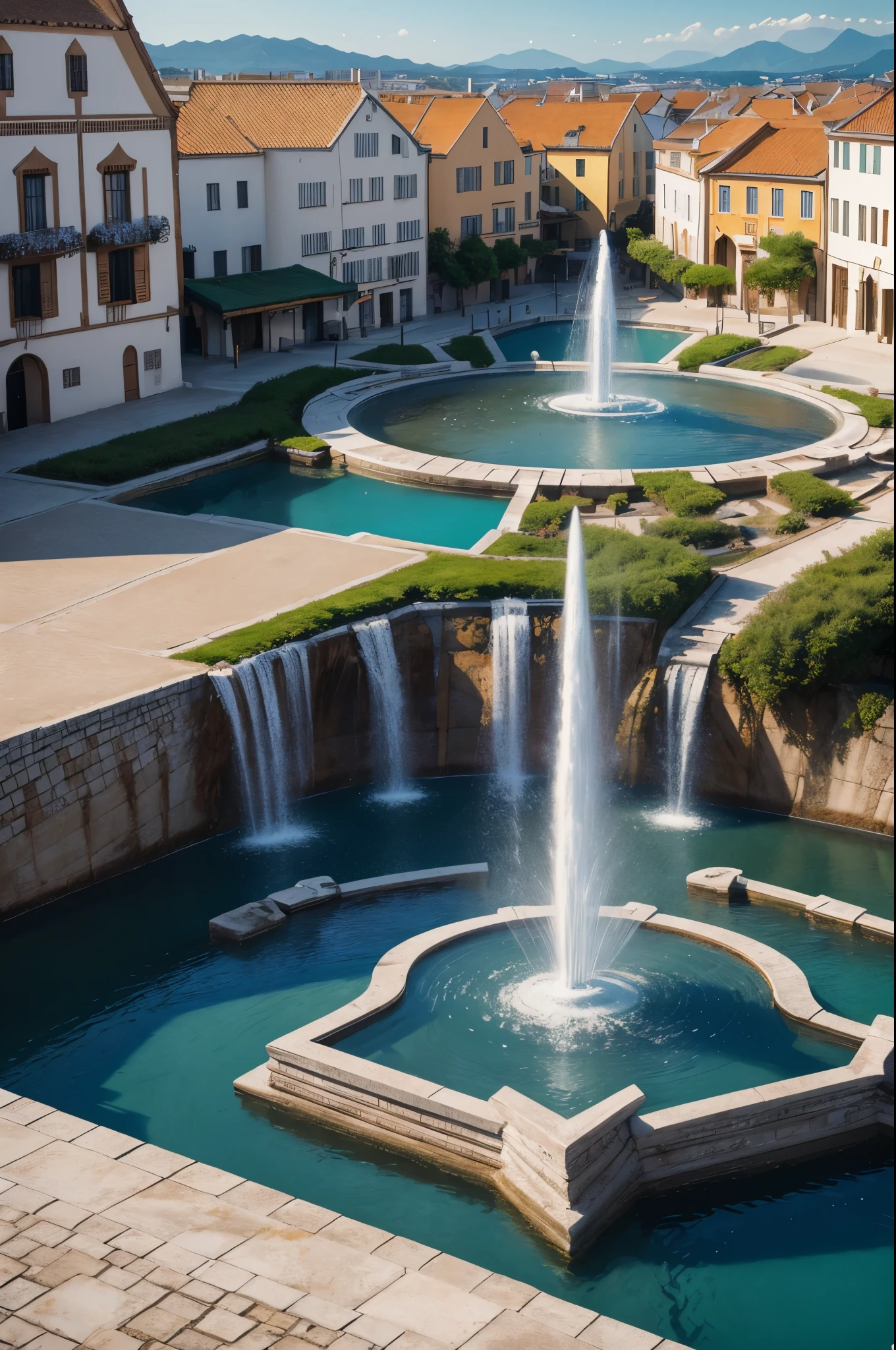 8K,white wallとOrange roofでUniteされた港町,Landscapes of medieval Europe,A large square and fountain in the center of town,masterpiece,Photorealistic RAW photos of the highest quality。bright colors,rich colors, Backlight, cinematic lighting, film grain, to be born, 50MM lens, Nikon D850,fantasy art,ultra high resolution,white wall,Homer,beautiful sea,beautiful expression,landscape photography,Orange roof(Unite),A gorgeous fountain in a large square,