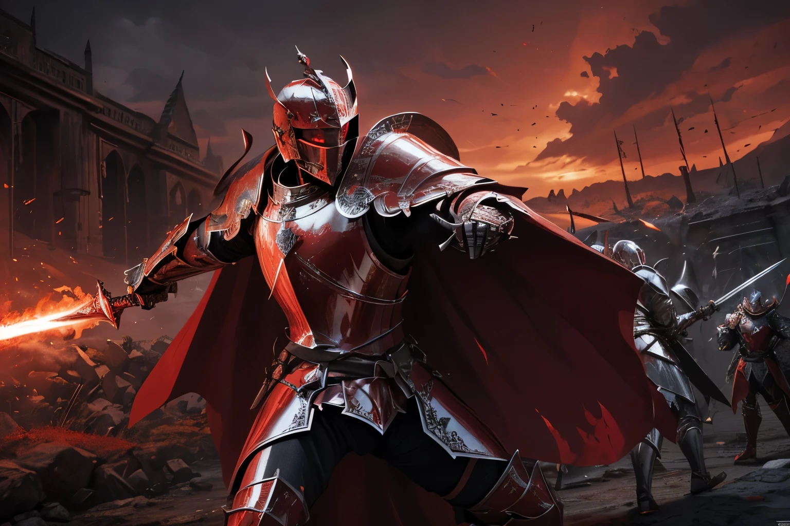 ultra-detailed,highres,masterpiece:1.2),(multiple knights:1.2) in red armors,raising crimson swords,blood scenery,crimson moon, intense battle scene, thunderous strikes, passionate warriors, glimmering armor reflections, menacing atmosphere, epic clash of steel, expressions of determination, flowing crimson cape