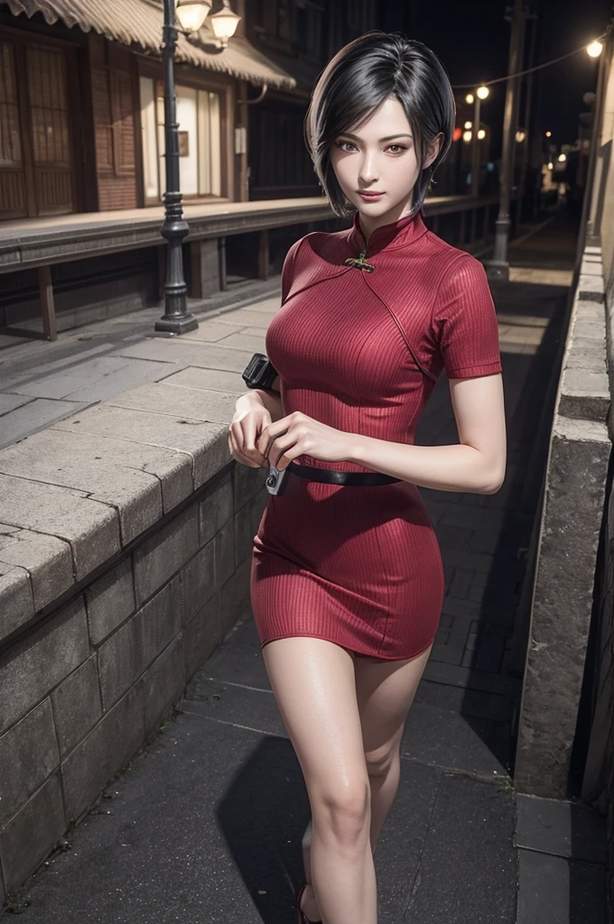 1 girl, alone, Ada Wang (Ada Wong) Appearance《Resident Evil 4 Remake》, Short hair details, black hair color hair, red cheongsam, short sleeve shirt, Black, medium breasts, upper limbs, hindquarters, black high heels, Adriana's face, find your audience, sly smile, She had a pistol around her waist, best quality, high resolution:1.2, 18th century village in the background, shadow, nightmare, moonlight, upper body photography, Low photographic angle、depth of field、center focus