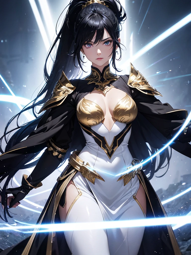 a mature woman, Confident, mighty and strong, (black blue hair streaked sky blue luminous hair), ((Extra long high ponytail with single side ear front hair combed in back)), floating hair, hair strand, shiny hair, blue amber eyes, pupils sparkling, aqua eyes, glowing eyes, pupils sparkling, upturned eyes, long upper eyelashes, double eyelids, deep red purple lips, white crystal earrings, a slight smile, (((Glowing clothing effect))), (Silver full body armor), (((super high exquisite black and gold twin color pattern on silver armor))), ((Right hand holds a silver spear with lightning)), ((The left forearm is surrounded by fire and lightning)), (A huge upright lightning ring totem floats behind the shoulders), She is a war goddess, Random pose, Random expressions, Random background, White light surrounding the body, god rays, anime, full_body, Wide-Angle, UHD, masterpiece, award winning, 8k, super detail, best quality, retina, ccurate, super textured skin, super detail face, perfect face, Super fine facial details, beautiful and delicate eyes, perfect eyes, anatomically correct, correct limbs, correct finger, super detail finger, best hair quality, best clothing quality, best prop quality, best totem detail and quality, complex totem detail