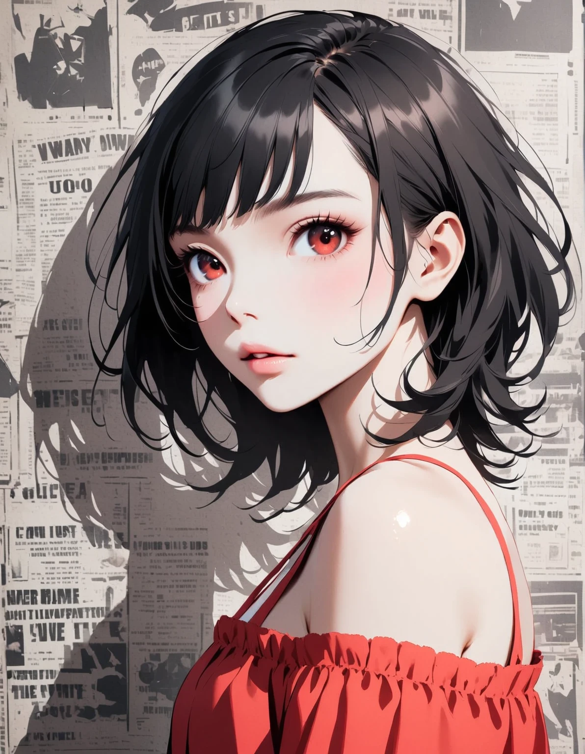 in in style of Goro Fujita, character, ink art, side view - ，(better quality, outline:1.2),realist,illustration，(Close-up of long-haired girl&#39;s face）, delicate lips, red skirt, (Newspaper wall background：1.3),Retro Style, (black bob hair:1.75 neon lights:1.32), , dark shadow