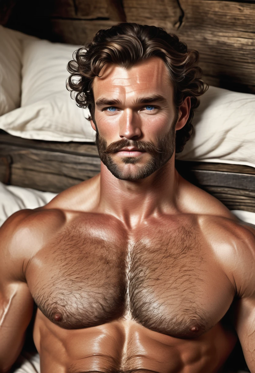 (highly detailed, soft light, photorealistic, dynamic light; cinematic); victorian era; 1820s; 30 years old man; Englishman; strikingly handsome; defined cheekbones; defined strong jawline; handsome face; rectangular face-shape; strapping; desirous teasing inviting expression; intimate sexually-charged atmosphere; masculine face with several scars; charismatic; grizzled; manly passionate air; very attractive; burly broad figure; ruddy weathered skin; unkempt beard; natural light-blue eyes; thick strong chestnut-brown eyebrows; carefully-shaped 1820s sideburns; fully naked hairy naked broad heavily muscled chest; short styled chestnut-brown hair in 1820's hairstyle; full firm masculine lips, lips open; mouth open; laying on an 1820s bed in a rustic 1820s log cabin; laying in a sexual inviting pose, offering sex; looking at camera