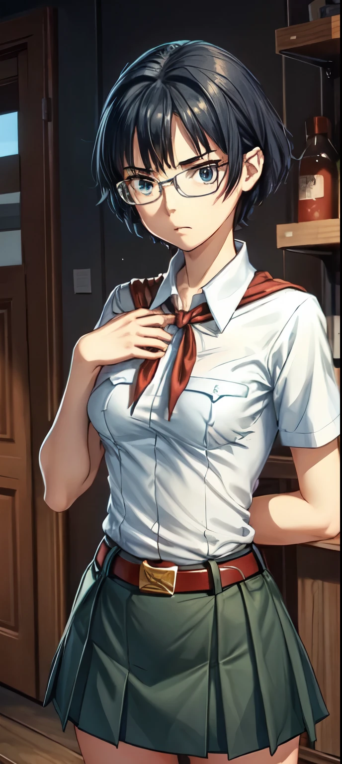 very young slim fit girl, full height, rounded face, short dark hair, big eyes, angry, perfect flat breast, pioneer neckerchief, short tight blue pleated skirt, bangs, tight white shirt, short sleeves, collared shirt, belt, red neckerchief, breast pocket, shizune
