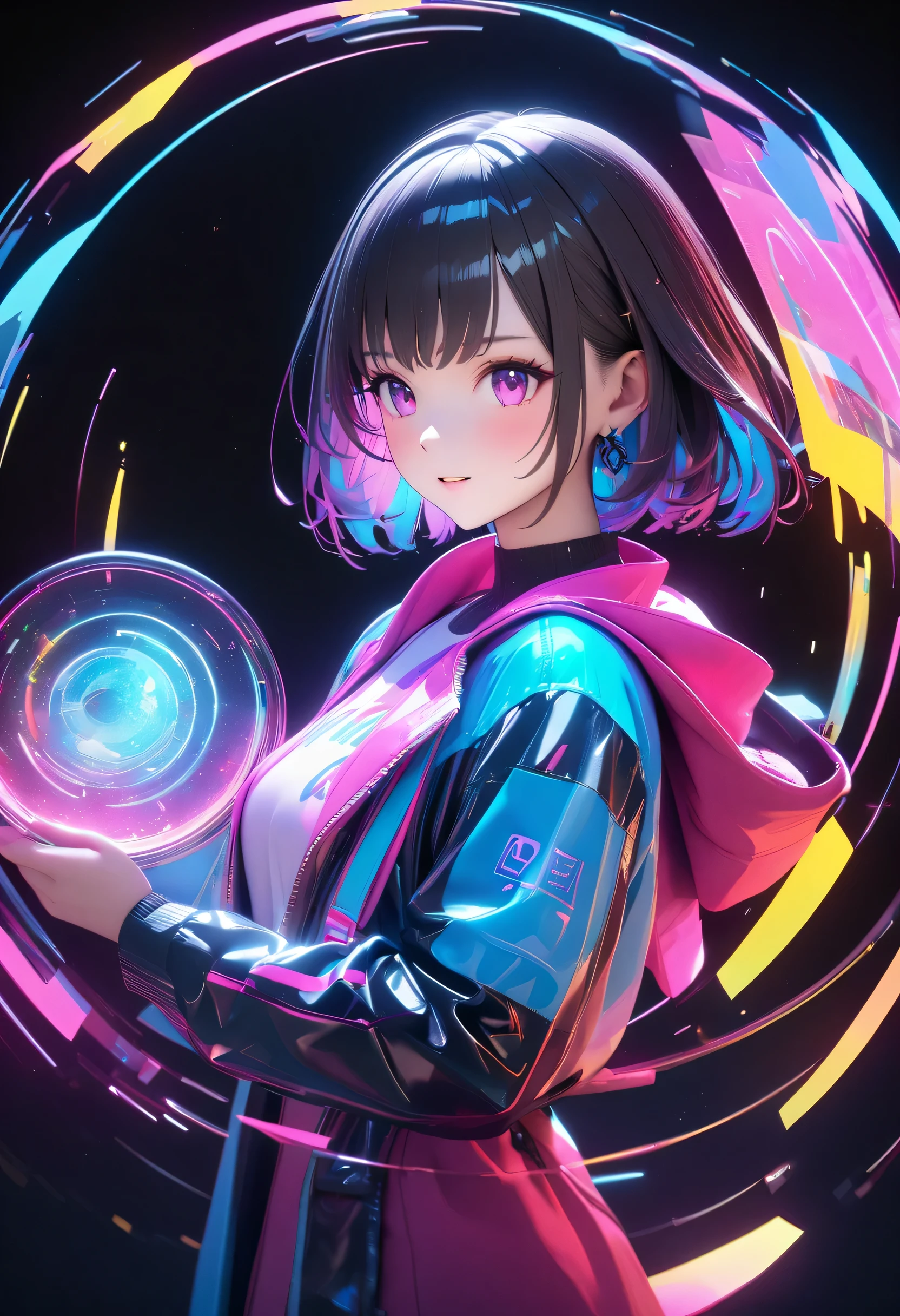 holography, draw in neon colors:1 girl:future, transparent, three dimensional, light, SF, Digital art, Digital, scientific, dark background: electronic circuit: draw in neon colors, 3D, masterpiece, Digital space, energy, beautiful, masterpiece, 8K, light, become familiar with, lively, colorful, nice, beautiful, rich colors, beautiful Light Lines. magic effect, Sparkling, beautiful Light Grains