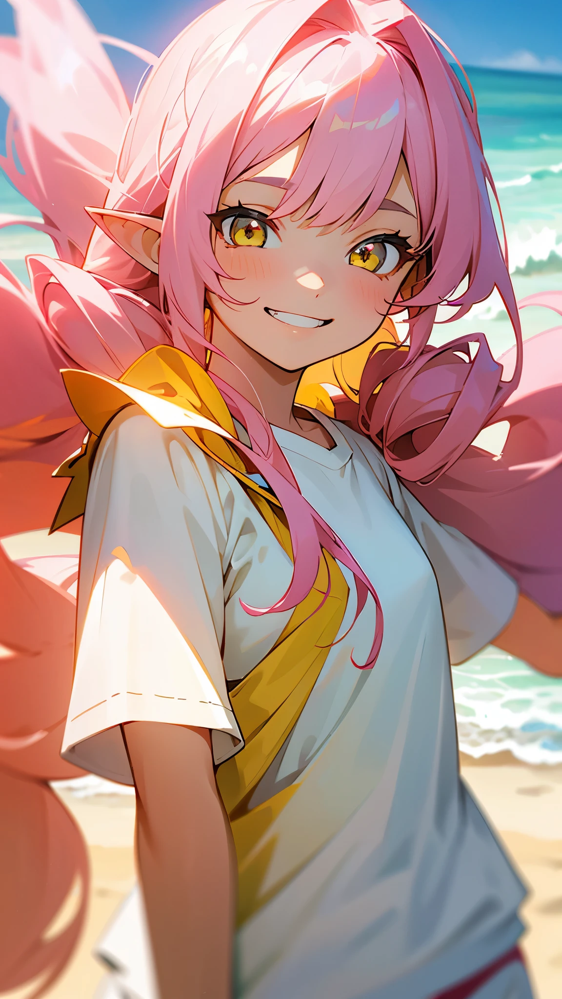 16 year old girl、long hair pink、twin drill, Bangs divided into left and right:1.5、yellow eyes、pointed ears、grin、white t-shirt、white shorts、beach scenery、soft lighting、Summer mood、upper body close-up