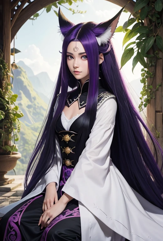 obra maestra , of the highest quality, cerca, obra maestra, hermosos detalles, vistoso, detalles delicados, labios delicados, Detalles intrincados, genuino, ultrargenuinoista, Girl with multicolored hair zorro sitting on a branch:lindo, white long hair, purple eyes, white long hair, white hair, eyes purples, maquillaje ligero, ,colorful zorro, Raposa la Nueve Colas, three tails zorro, three tails zorro, arte detallado de onmyoji, beautiful art illustration, Mythical creatures, zorro, hermoso arte digital,doncella del santuario,arquitectura japonesa,tomados de la mano,exquisite digital illustration, mizutsune, Inspirado en Mythical creatures de nidos salvajes., pixiv en el arte digital, luz deslumbrante, alto contraste, misterioso,Girl with multicolored hair zorro sitting on a branch,frente,Mira a la