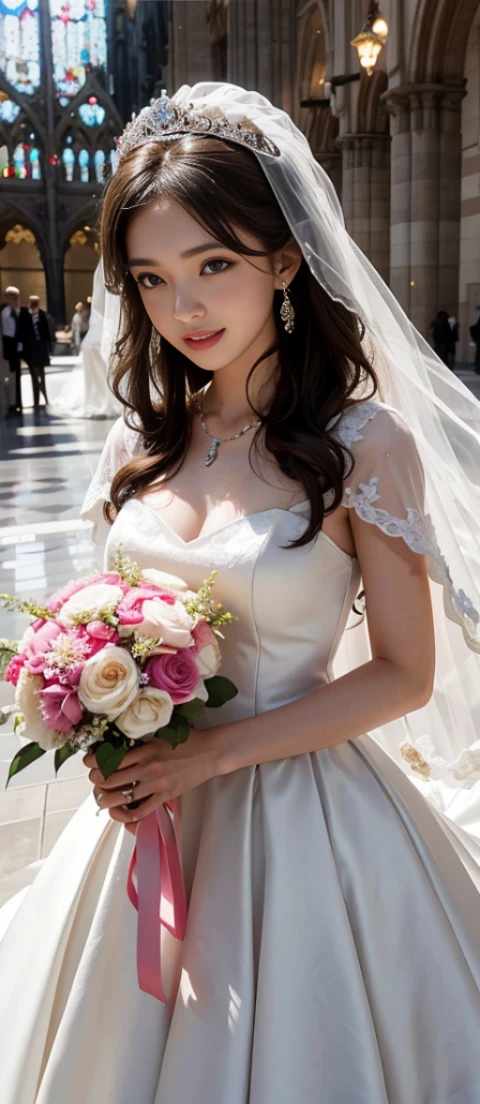only 1 girl, huge laugh, Very pretty, beautiful eyes, make her sit, cute teen, sweet, sun glare, Conservative attire, Beaded bell-line wedding dress, bridal tiara, bridal veil, bouquet, depth of field, blurred background, Cathedral Background, light particles, strong wind, head tilt, long hair,