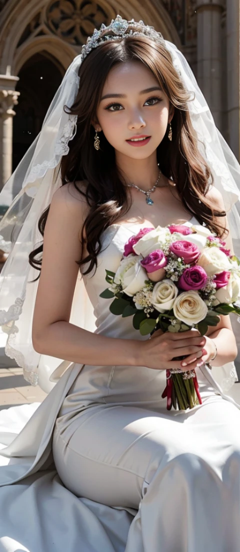 only 1 girl, huge laugh, Very pretty, beautiful eyes, make her sit, cute teen, sweet, sun glare, Conservative attire, Beaded bell-line wedding dress, bridal tiara, bridal veil, bouquet, depth of field, blurred background, Cathedral Background, light particles, strong wind, head tilt, long hair,