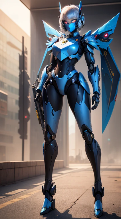 robot, top quality, high definition, ultra detail, masterpiece, 8K wallpaper, metallic color, blue eyes, absurdity, high resolution, ultra-fine illustration, absurdity, game cg, lord, sky, (black light: 1), (detailed beautiful face and eyes: 1.0), (full body feminine form: 1.5), command spell, mecha girl, mask, mechanical parts, robot joint, , full armor, (full body: 1.5), shining eyes, mecha, (flying in 3 knits, all 3 flying in the sky), watching the viewer, skinny, mechanical wing,