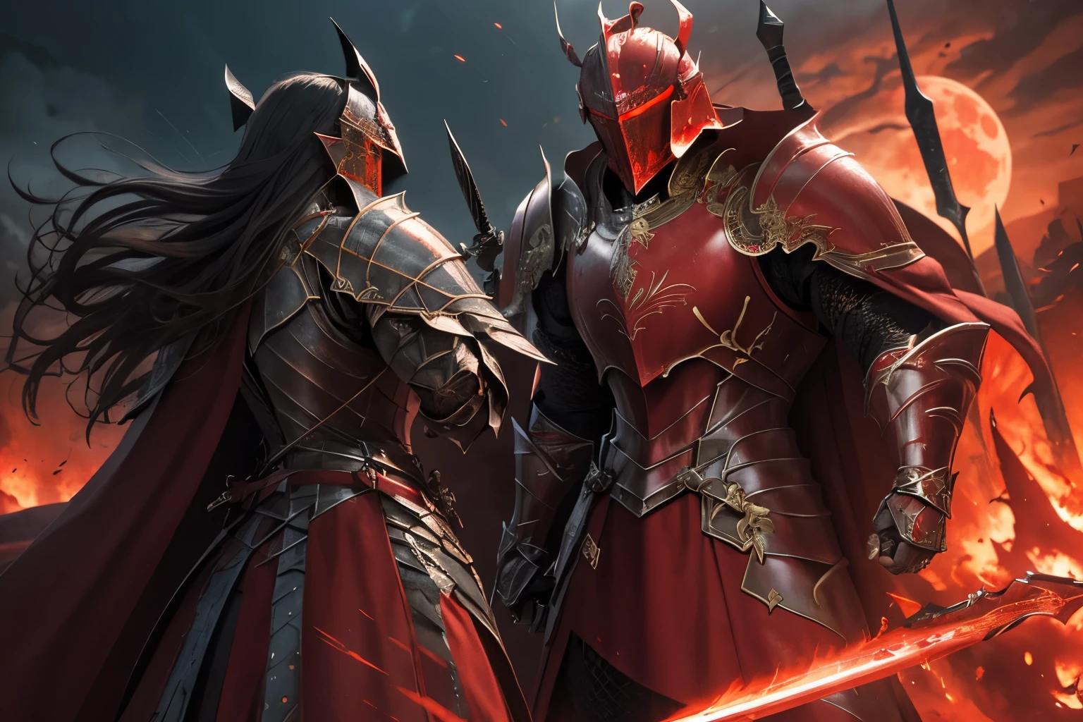 ultra-detailed,highres,masterpiece:1.2),(multiple knights:1.2) in red armors,raising crimson swords,blood scenery,crimson moon, intense battle scene, thunderous strikes, passionate warriors, glimmering armor reflections, menacing atmosphere, epic clash of steel, expressions of determination, flowing crimson cape