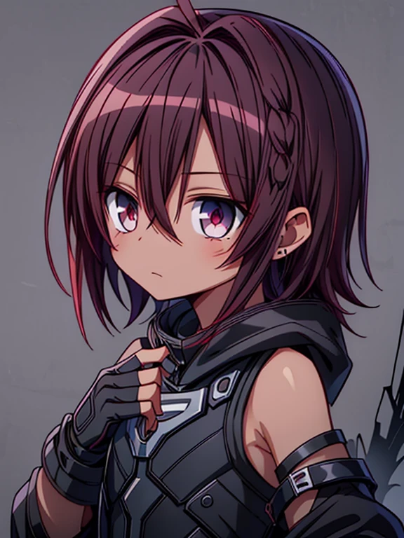 Masterpiece High res, high definition, high quality 
detailed, male dark skin, cute shota,red eyes, dark brown hair, medium dark brown hair,wearing a black exoskeleton, detached sleeves, black armoured Gauntlets, black tech jacket,black bodysuit, black exoskeleton, black fingerless gloves, 