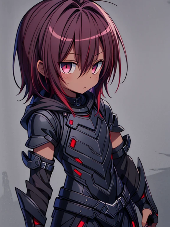 Masterpiece High res, high definition, high quality 
detailed, male dark skin, cute shota,red eyes, dark brown hair, medium dark brown hair,wearing a black exoskeleton, detached sleeves, black armoured Gauntlets, black tech jacket,black bodysuit, black exoskeleton, black fingerless gloves, 