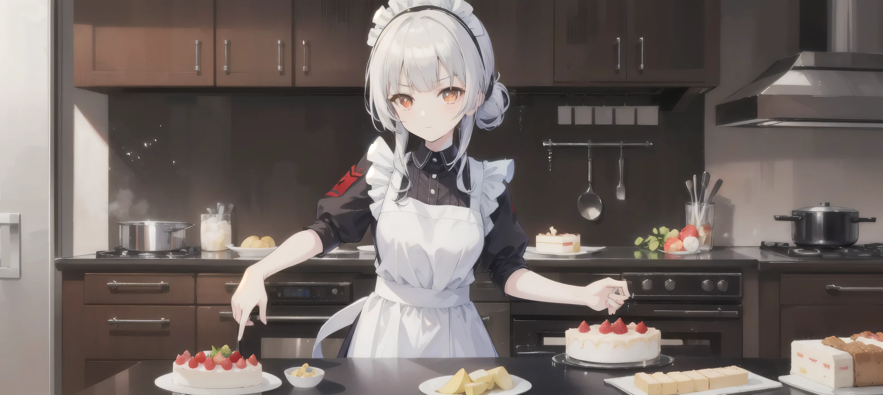 Anime girl in the kitchen，white hair，Mixed with a small amount of red hair，red pupils，There are cakes and fruits on the counter, Splash art anime , From Girls Frontline, Girls Frontline CG, Azure Lane style, From《Azur route》video game, Popular topics on cgstation, girls frontline style, Visual novel CG, cooking, Anime girl wearing maid outfit, 《Azur route》role in