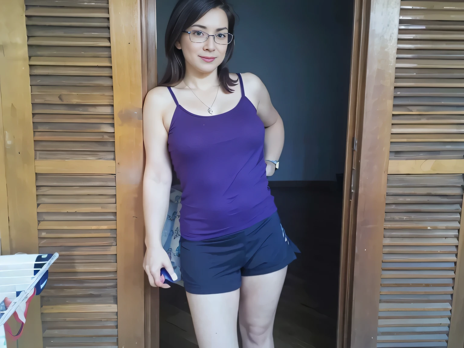 there is a woman standing in a doorway with a cell phone, wearing purple undershirt, wearing a camisole and shorts, wearing a tanktop and skirt, purple top, fit pic, wearing : tanktop, violet tight tanktop, (38 years old), wearing a tank top and shorts, wearing tanktop, pilar, purple outfit