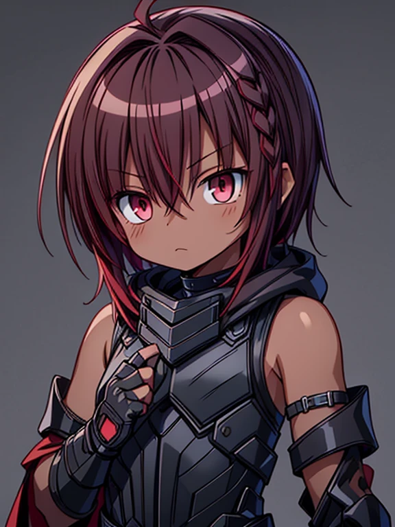 Masterpiece High res, high definition, highly detailed, male dark skin, cute shota,red eyes, dark brown hair, medium dark brown hair,wearing a black exoskeleton, detached sleeves, black armoured Gauntlets, black tech jacket,black bodysuit, black exoskeleton, black fingerless gloves, 