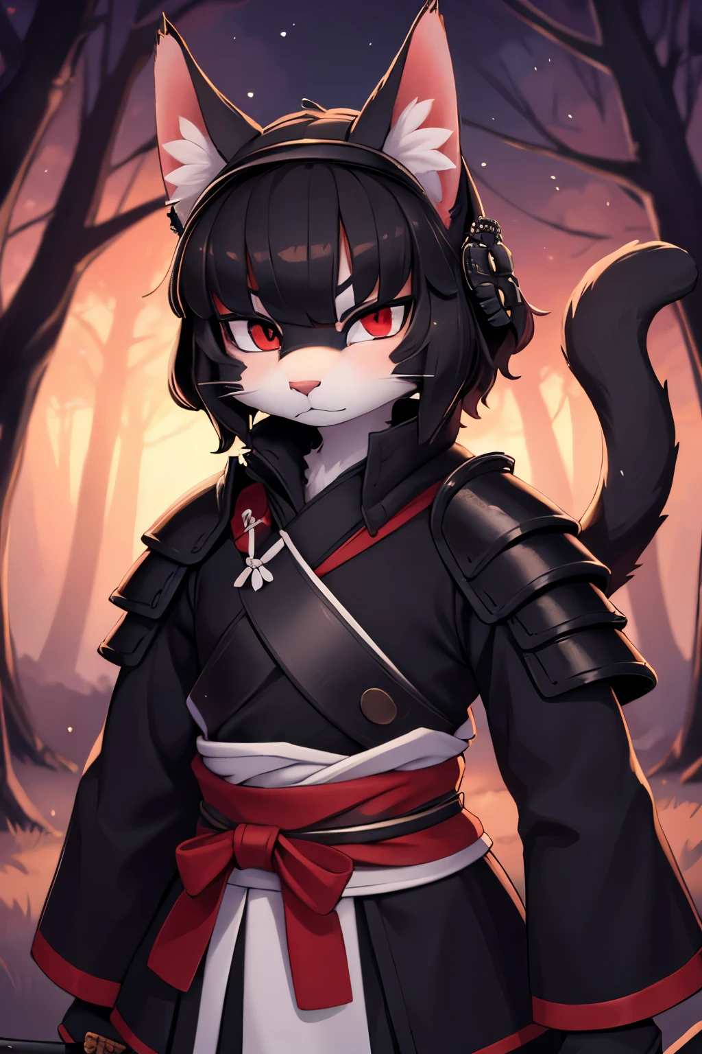 (high-res masterpiece)) , ((best quality)), illustration, furry, cat, animal ears, tail, bodyfur, black fur, 1guy, upper body, 1guy solo, adult *//*, red eyes *//*, black full-body Samurai armor, Samurai helmet, looking at down-right, blank expression, serious gaze, holding a katana, night forest in the background