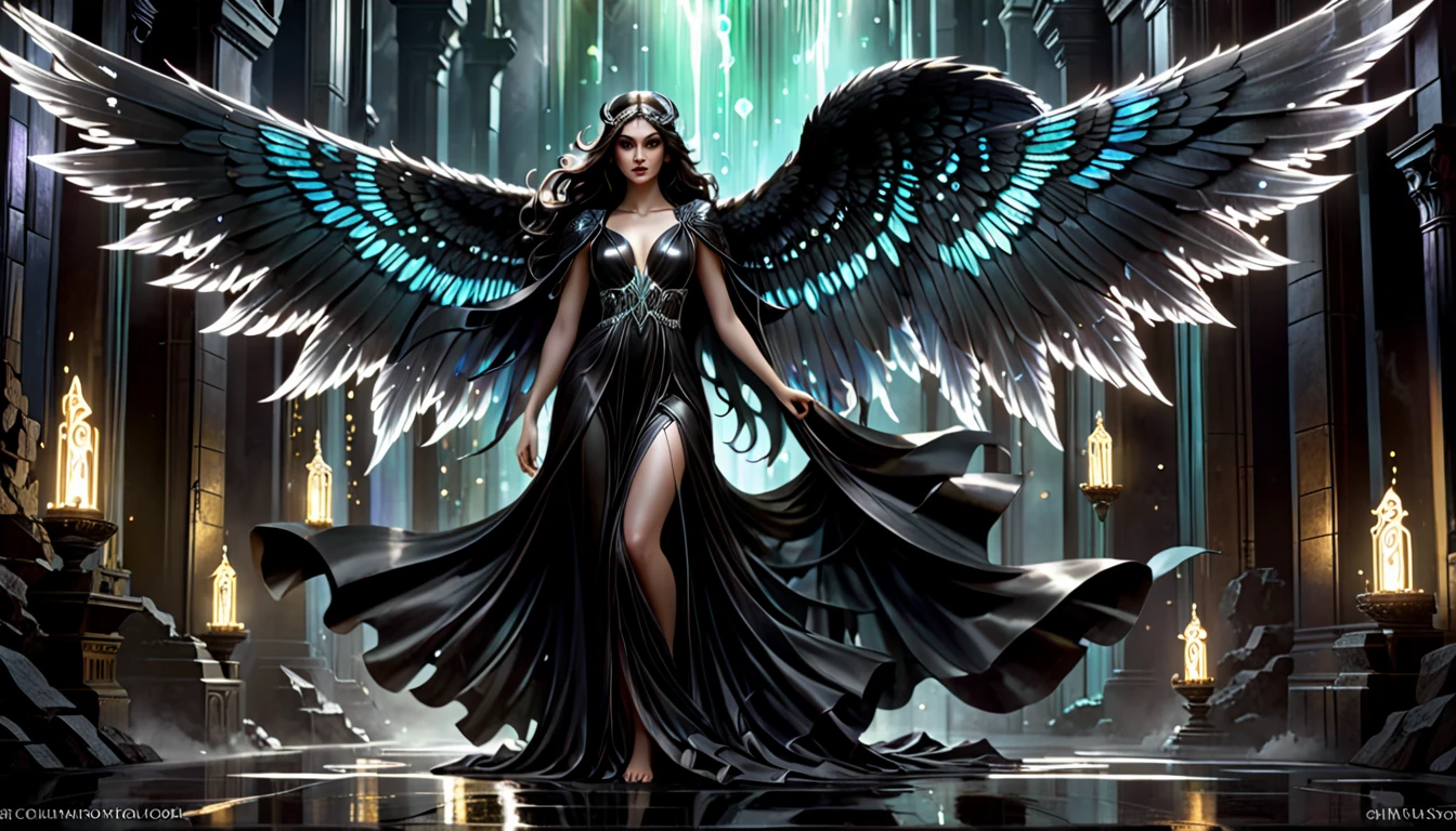 (((masterpiece))), (((best quality))), ((ultra-detailed)),(highly detailed CG illustration), ((an extremely delicate and beautiful)),dramatic light, Create a stunning urban fantasy artwork that mimics the style of currently trending masters of the genre. The art piece should contain elements of both mystery and urban fantasy with dreamy rainbow accents. ((Utilizes the black as the main color scheme.)) The character in the artwork is a delicate but strong figure with an aura of mystery and fantasy and (beautiful translucent black-white wings). Pay close attention to intricate facial features, such as mesmerizing eyes with dark brown colors and bold shading. The character's clothing should be a gloomy, slim female fallen angel in a black robe with intricate and subtle iridescent details. Incorporate (((luminous glowing lights))), nightmarish colors, dynamic lighting, and detailed background elements to create a sense of awe and immersion. Include shadowy flying angel figures and native crystalline carbon that is the hardest known mineral, that is usually nearly colorless, that when transparent and free from flaws is highly valued as a precious stone, and that is used industrially especially as an abrasive, (also:a piece of this substance), radiating a dark aura. Consider the latest trends in urban fantasy art, such as incorporating unique lighting effects, exploring dynamic and compelling composition techniques, and experimenting with unique dark color palettes. Take inspiration from the top artists on ArtStation and Midjourney. Camera: Choose an angle that highlights the character's beauty and enhances the mystical fantasy of the artwork. Lighting: Utilize dark atmospheric techniques to create depth and mood. Resolution: Aim for a high-resolution artwork to showcase intricate details and clarity. Art Inspirations: Seek inspiration from the trending artists on ArtStation, exploring different styles, genres, and themes.