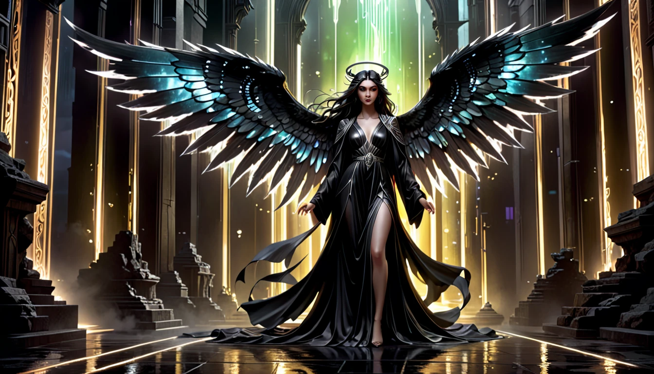 (((masterpiece))), (((best quality))), ((ultra-detailed)),(highly detailed CG illustration), ((an extremely delicate and beautiful)),dramatic light, Create a stunning urban fantasy artwork that mimics the style of currently trending masters of the genre. The art piece should contain elements of both mystery and urban fantasy with dreamy rainbow accents. ((Utilizes the black as the main color scheme.)) The character in the artwork is a delicate but strong figure with an aura of mystery and fantasy and (beautiful translucent black-white wings). Pay close attention to intricate facial features, such as mesmerizing eyes with dark brown colors and bold shading. The character's clothing should be a gloomy, slim female fallen angel in a black robe with intricate and subtle iridescent details. Incorporate (((luminous glowing lights))), nightmarish colors, dynamic lighting, and detailed background elements to create a sense of awe and immersion. Include shadowy flying angel figures and native crystalline carbon that is the hardest known mineral, that is usually nearly colorless, that when transparent and free from flaws is highly valued as a precious stone, and that is used industrially especially as an abrasive, (also:a piece of this substance), radiating a dark aura. Consider the latest trends in urban fantasy art, such as incorporating unique lighting effects, exploring dynamic and compelling composition techniques, and experimenting with unique dark color palettes. Take inspiration from the top artists on ArtStation and Midjourney. Camera: Choose an angle that highlights the character's beauty and enhances the mystical fantasy of the artwork. Lighting: Utilize dark atmospheric techniques to create depth and mood. Resolution: Aim for a high-resolution artwork to showcase intricate details and clarity. Art Inspirations: Seek inspiration from the trending artists on ArtStation, exploring different styles, genres, and themes.