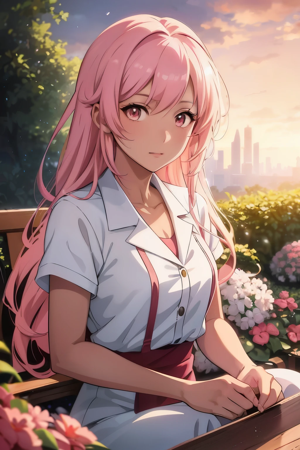 a woman with pink hair sitting on a bench in a garden, anime visual of a cute girl, cushart krenz key art feminine, young anime girl, anime visual of a young woman, official art, beautiful anime portrait, portrait of an anime girl, portrait anime girl, anime poster film still portrait, haruno sakura, anime moe artstyle