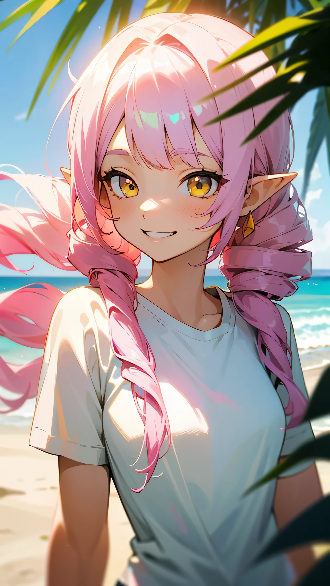 16 year old girl、long hair pink、twin drill, Bangs divided into left and right:1.5、yellow eyes、pointed ears、grin、white t-shirt、white shorts、beach scenery、soft lighting、Summer mood、upper body close-up