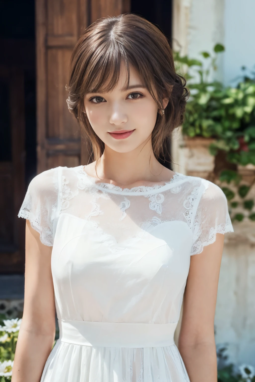 ((table top:1.4, highest quality)), (realistic pictures:1.4),
((1 girl)), (Pure actress), (dream-like),
(超High resolution:1.2), very delicate and beautiful, wonderful, Highly detailed CG Unity 8K wallpaper, Super detailed, High resolution,
soft light, beautiful detailed girl, highly detailed eyes and face, beautifully detailed nose, beautiful and detailed eyes,
(wear a white lace dress:1.3),
cinematic lighting, perfect anatomy, slender body, (parted bangs),
(Standing on an old town corner in France:1.3), (White Wall House々:1.3), (Colorful flowers blooming all over the wall々), (window), (gardening), (refreshing weather), (outdoor),
cowboy shot, looking at the viewer, (archaic smile)