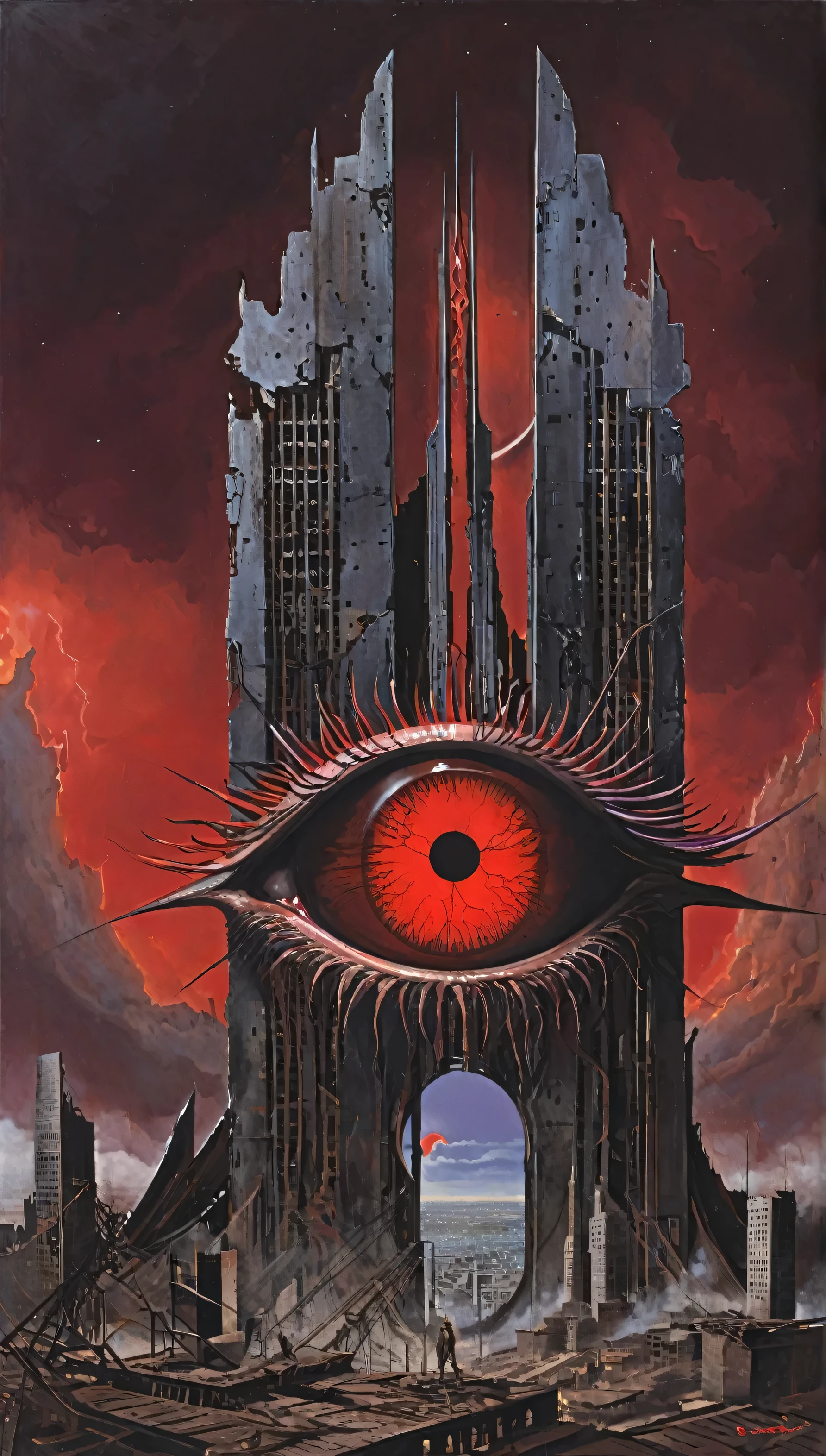 metallic megastructure in the sky, huge eye on building, eye of Sauron, (detailed iris, red iris:1.3), epic juxtaposition, sci fi scene, post-apocalypse, dilapidated structures, cloudy, blood moon,
grimoire_noir, 