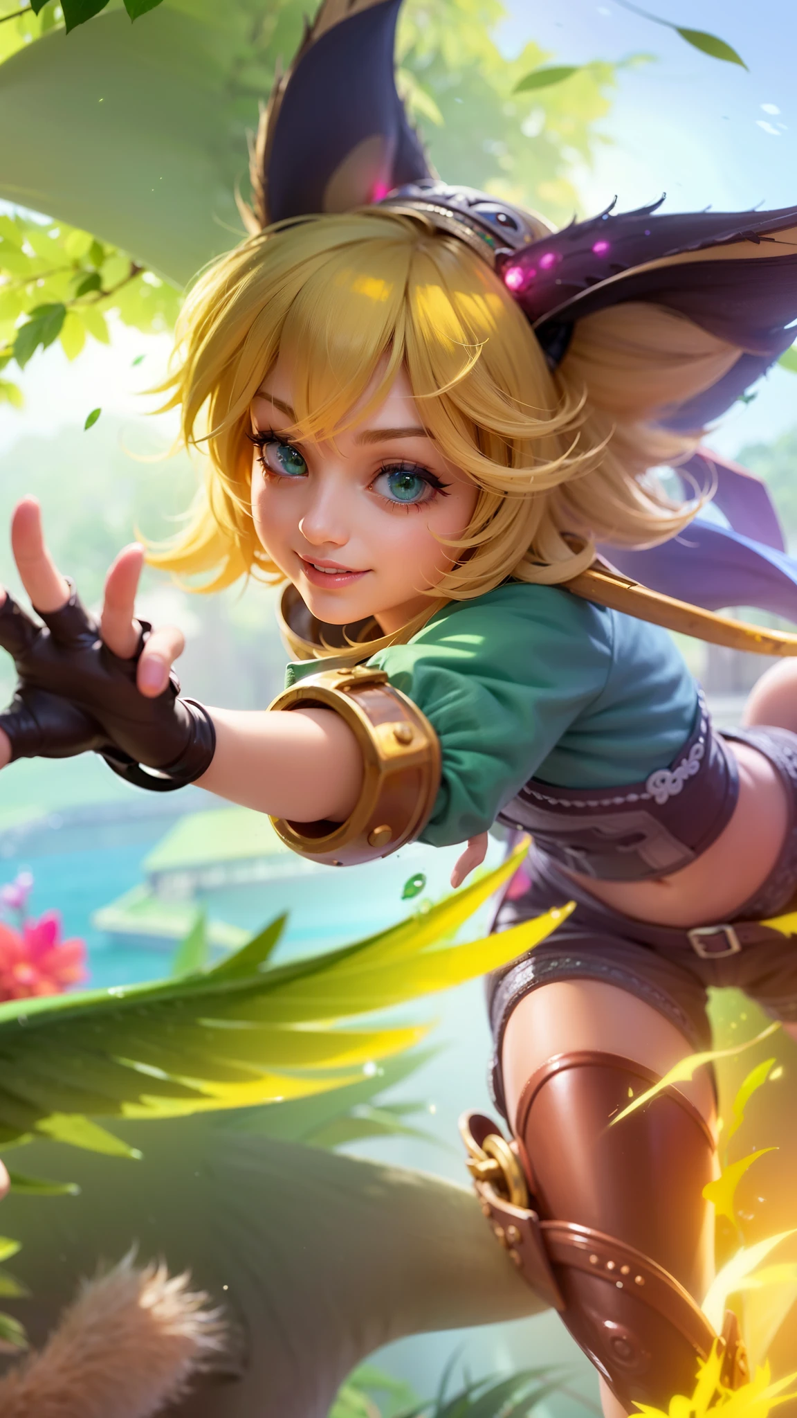a girl with a cat hat and gloves, 8k, ultra hd, ultra detailed texture, hyper realistic, masterpiece, detailed texture, detailed face, detailed skin, detailed lighting, (photorealistic:1.5), best quality, beautiful lighting, cinematic lighting, professional lighting, ultra highres, realistic, detailed hair, real hair, high quality, (realskin:1.5), extremely detailed, finely detail, ultra-detailed, green eyes, smile.