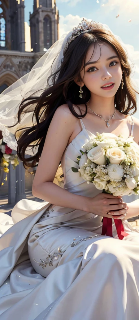 only 1 girl, huge laugh, Very pretty, beautiful eyes, make her sit, cute , sweet, sun glare, Conservative attire, Beaded bell-line wedding dress, bridal tiara, bridal veil, bouquet, depth of field, blurred background, Cathedral Background, light particles, strong wind, head tilt, long hair,