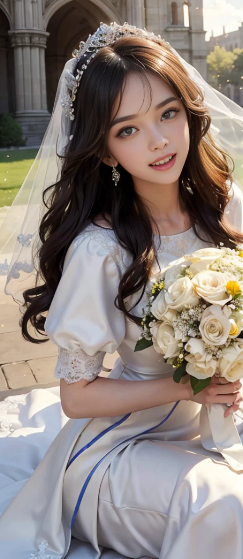 only 1 girl, huge laugh, Very pretty, beautiful eyes, make her sit, cute teen, sweet, sun glare, Conservative attire, Beaded bell-line wedding dress, bridal tiara, bridal veil, bouquet, depth of field, blurred background, Cathedral Background, light particles, strong wind, head tilt, long hair,
