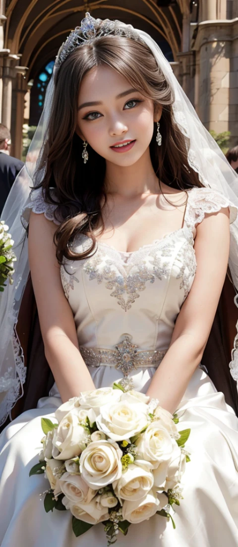only 1 girl, huge laugh, Very pretty, beautiful eyes, make her sit, cute , sweet, sun glare, Conservative attire, Beaded bell-line wedding dress, bridal tiara, bridal veil, bouquet, depth of field, blurred background, Cathedral Background, light particles, strong wind, head tilt, long hair,