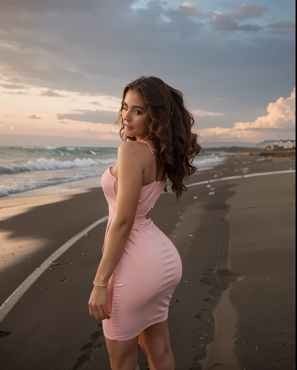 A girl with large ass , pink diamond dress , Beach , bikini
