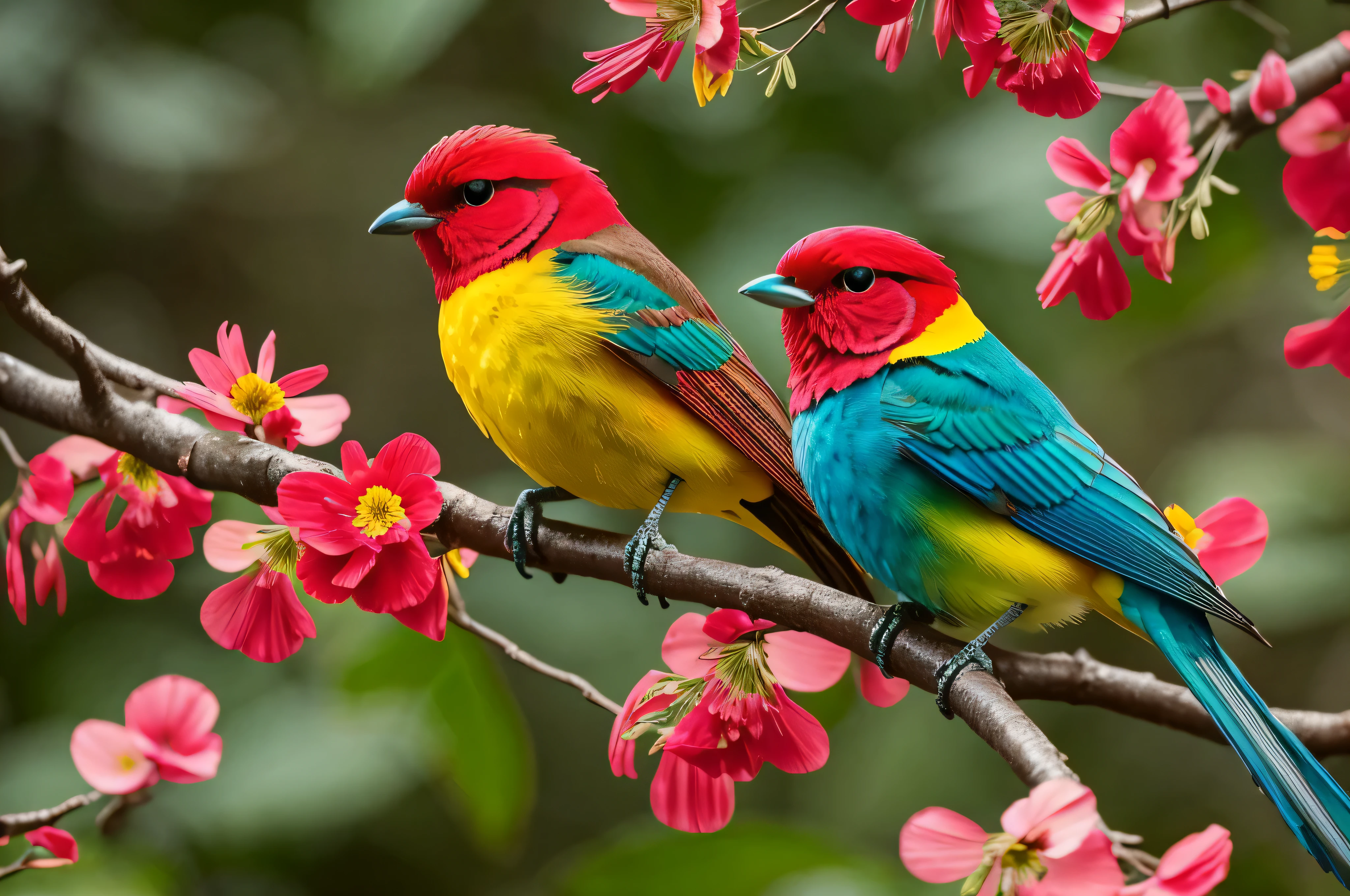A colorful bird sitting on a branch with leaves and flowers,Inspired by charles bird king, Art by Charles Bo, colorful HD images, Beautiful and colorful, Dazzlingly colorful 8K