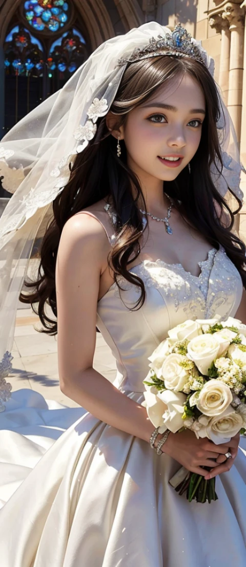 only 1 girl, huge laugh, Very pretty, beautiful eyes, make her sit, cute teen, sweet, sun glare, Conservative attire, Beaded bell-line wedding dress, bridal tiara, bridal veil, bouquet, depth of field, blurred background, Cathedral Background, light particles, strong wind, head tilt, long hair,