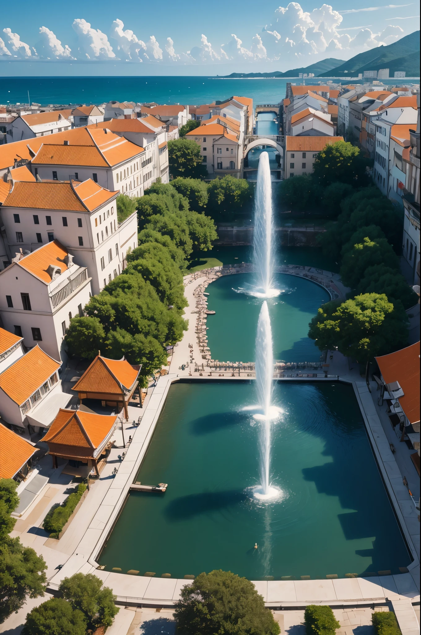 8K,white wallとOrange roofでUniteされた港町,Landscapes of medieval Europe,A large square and fountain in the center of town,masterpiece,Photorealistic RAW photos of the highest quality。bright colors,rich colors, Backlight, cinematic lighting, film grain, to be born, 50MM lens, Nikon D850,fantasy art,ultra high resolution,white wall,Homer,beautiful sea,beautiful expression,landscape photography,Orange roof(Unite),gorgeous fountain in the square,People gathering in a large area々,
