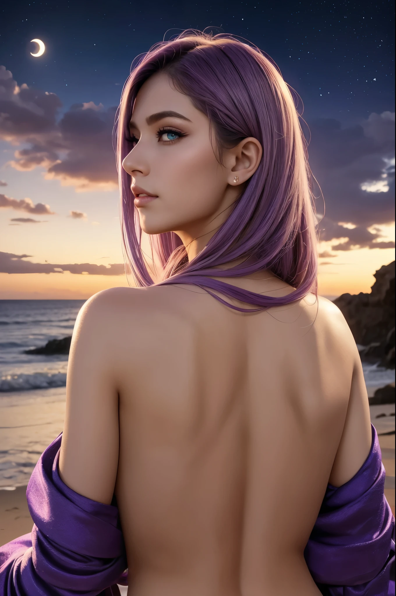 one American girl, realistic green eyes, long light purple lilac hair, large tits, large chest, cleavage, draped in white fabric with gold accessories, gold jewelry, high cheekbones, close up, masterpiece, best quality, looking at viewer from behind over the shoulder, plump lips, oriented to the left, purple sky with soft stars to the right with bright large full moon directly behind woman, zoomed out