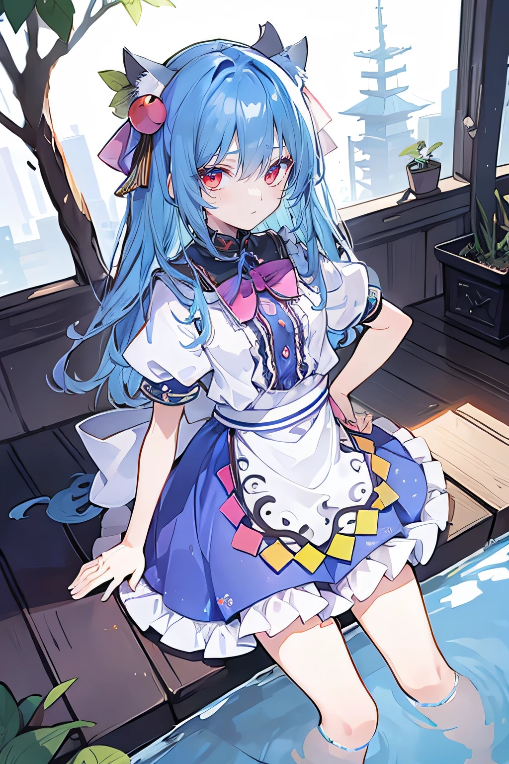(masterpiece),best quality, expressive eyes, perfect face, 1girl,
 Put your hands on your waist,fair, Gorgeous,Japanese cartoons,girl,lola,Hina Angel, blue hair, blue haired, floating clothes,Grab your waist, Grab your waist, hands on hips , hands on hips,sit, sit on ground, Legs on the ground, flat chest,cat ears,