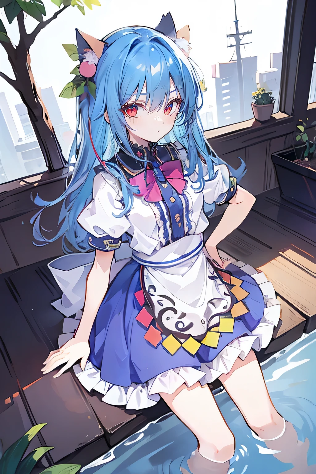 (masterpiece),best quality, expressive eyes, perfect face, 1girl,
 Put your hands on your waist,fair, Gorgeous,Japanese cartoons,girl,lola,Hina Angel, blue hair, blue haired, floating clothes,Grab your waist, Grab your waist, hands on hips , hands on hips,sit, sit on ground, Legs on the ground, flat chest,cat ears,