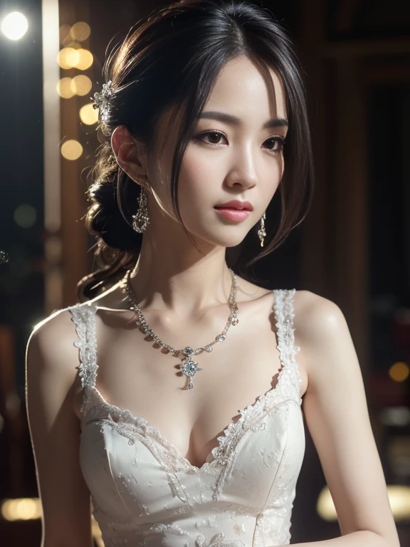 best quality, masterpiece, highres, 1girl,china wedding dress,hair ornament,necklace, jewelry,Beautiful face,slender, small breasts, tyndall effect,photorealistic, dark studio, rim lighting, two tone lighting,(high detailed skin:1.2), 8k uhd, dslr, soft lighting, high quality, volumetric lighting, candid, full body, high resolution, 4k, 8k, Bokeh