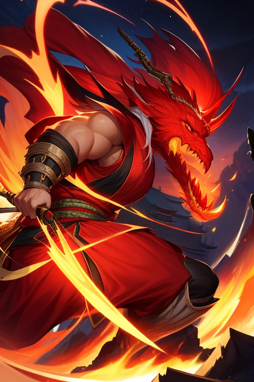 a man and squats on the a huge dragon,gu,wuxia,holding weapon,ADDBASE man,full body,Half squat,Asian men,yellow Hanfu,Fierce,Hair,thin,holding weapon,A city in ancient China,open mouth,BREAK, dragon,(dargon's head:1.2),a red huge dargon's head,huge,open_mouth,close up of dargon's eye,Dragon's head,side view,BREAK, sea