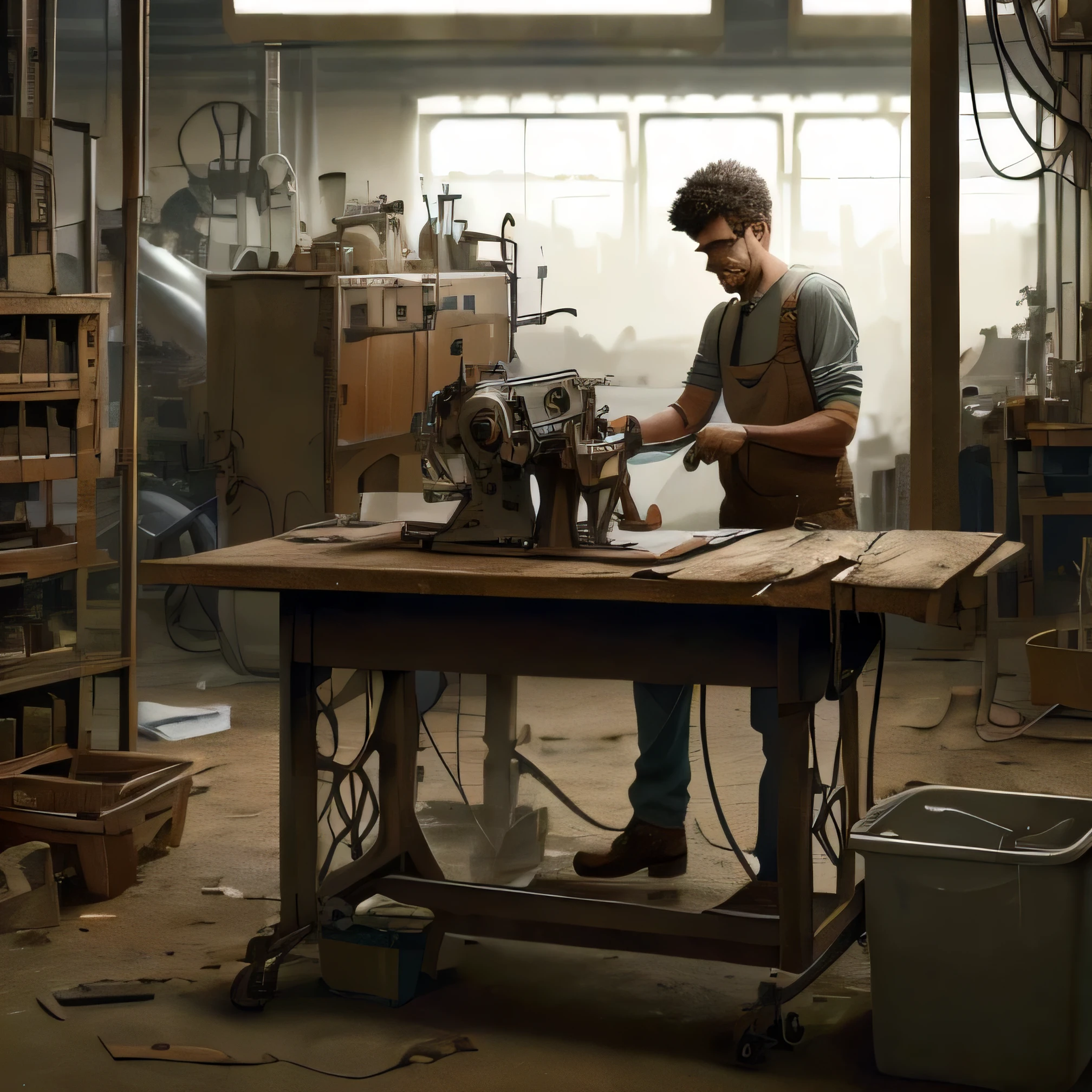 An technician repairing a sewing machine for footwear in a 4k high-quality, realistic image. The scene includes detailed objects and a blurred background. The setting is in a factory, emphasizing the production process. mostra alguns sapatos 