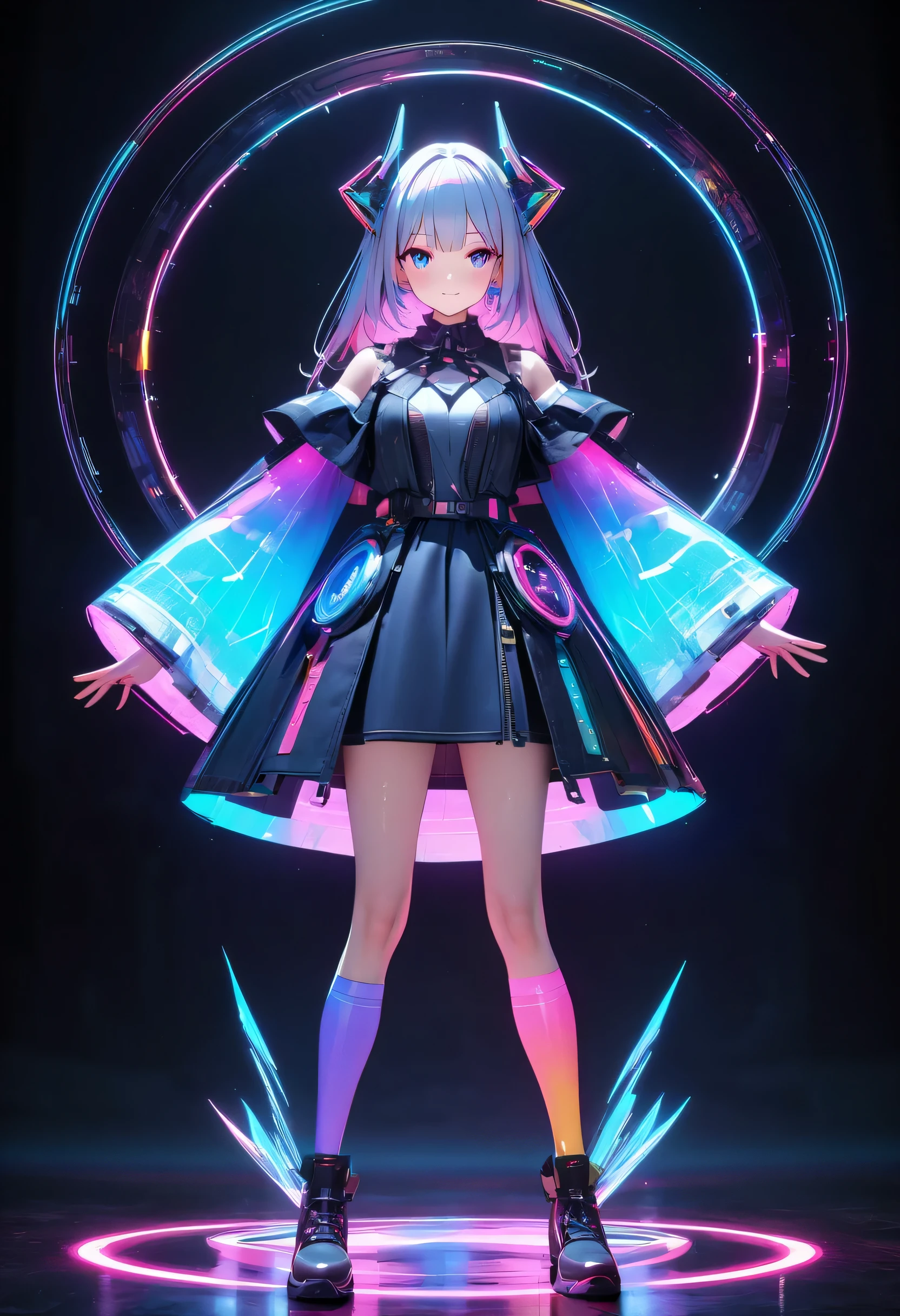 holography, draw in neon colors:1 girl:future, transparent, three dimensional, light, SF, Digital art, Digital, scientific, dark background: electronic circuit: draw in neon colors, 3D, masterpiece, Digital space, energy, beautiful, masterpiece, 8K, light, become familiar with, lively, colorful, nice, beautiful, rich colors, beautiful Light Lines. magic effect, Sparkling, beautiful Light Grains