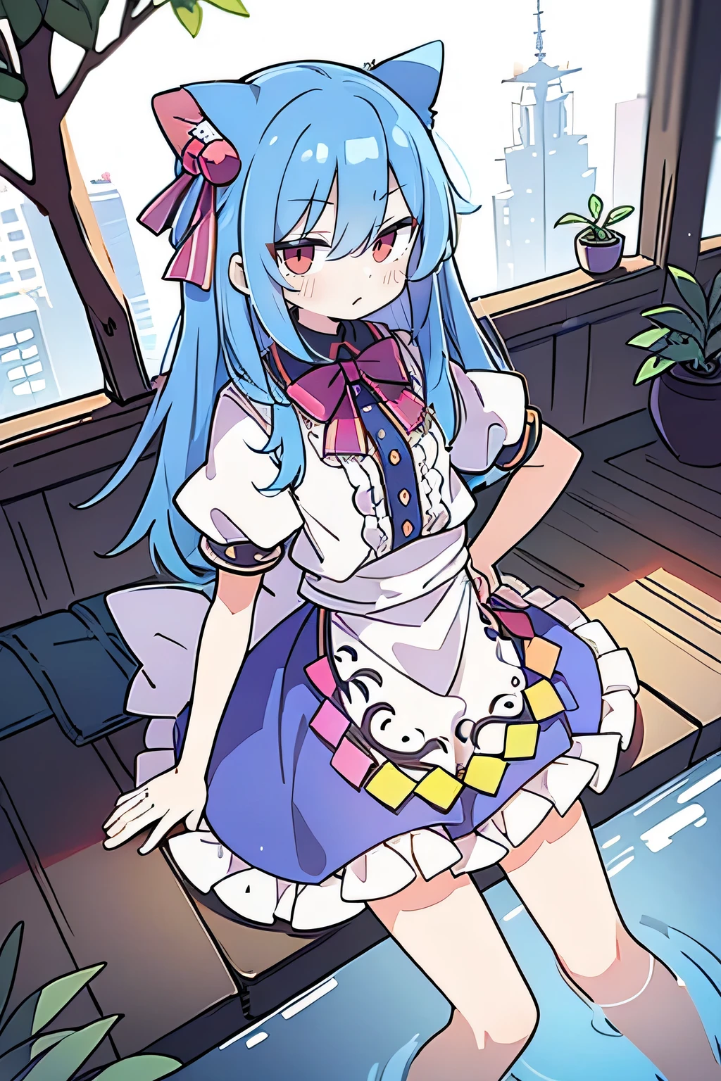 (masterpiece),best quality, expressive eyes, perfect face, 1girl,
 Put your hands on your waist,fair, Gorgeous,Japanese cartoons,girl,lola,Hina Angel, blue hair, blue haired, floating clothes,Grab your waist, Grab your waist, hands on hips , hands on hips,sit, sit on ground, Legs on the ground, flat chest,cat ears,