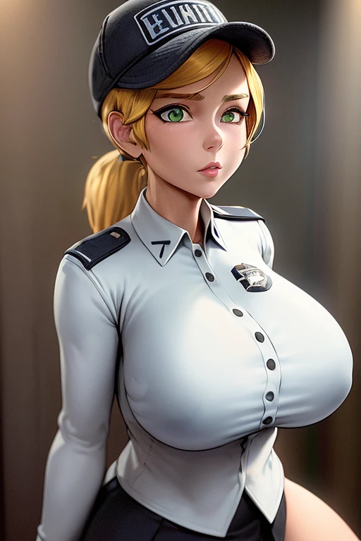 (anime), (illustration), cartoon, detailed, vanessa, 1girl, white uniform, black skirt, ultra detailed face, security cap, blonde hair, ponytail, hat, green eyes, gigantic breasts, shallow depth of field, vignette, highly detailed, high budget Hollywood movie, bokeh, cinemascope, moody, epic, gorgeous, 